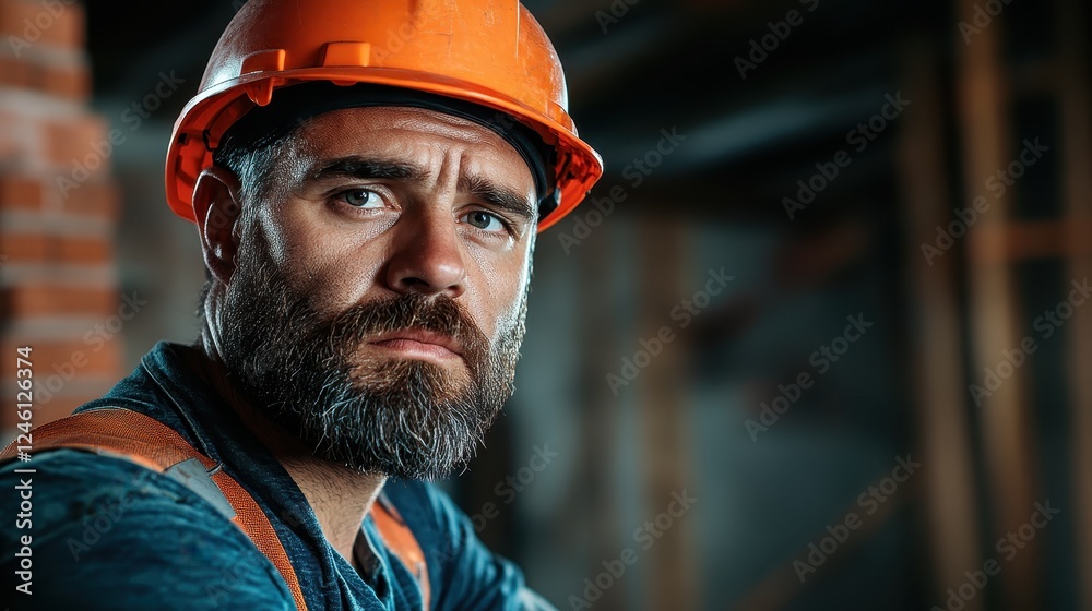 A serious construction worker wearing an orange hard hat gazes intensely towards the camera, capturing the essence of dedication and toughness in his profession. A serious construction worker wearing an orange hard hat gazes intensely towards the camera, capturing the essence of dedication and toughness in his profession.