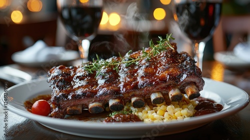 Delicious Barbecued Ribs Served with Corn and Garnish photo