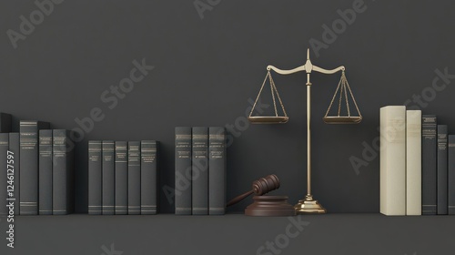 Law books, scales of justice, gavel on shelf photo