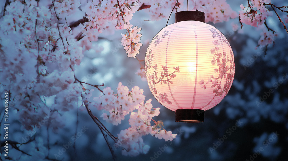 Fototapeta premium Blossoms and Lanterns Illuminate a Serene Evening Under Cherry Trees in Full Bloom, Creating a Magical Atmosphere Filled With Tranquility and Beauty. Generative AI