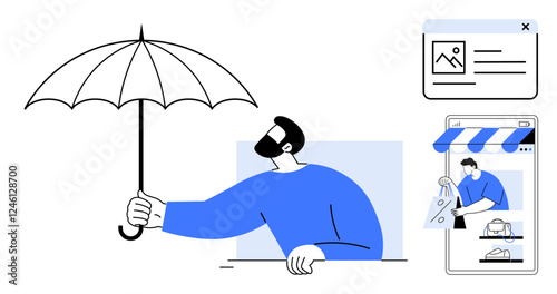 Man holding umbrella highlights protection, safety in online shopping through smartphone. Ideal for ecommerce, security, technology, digital transactions, shopping apps, customer service, privacy