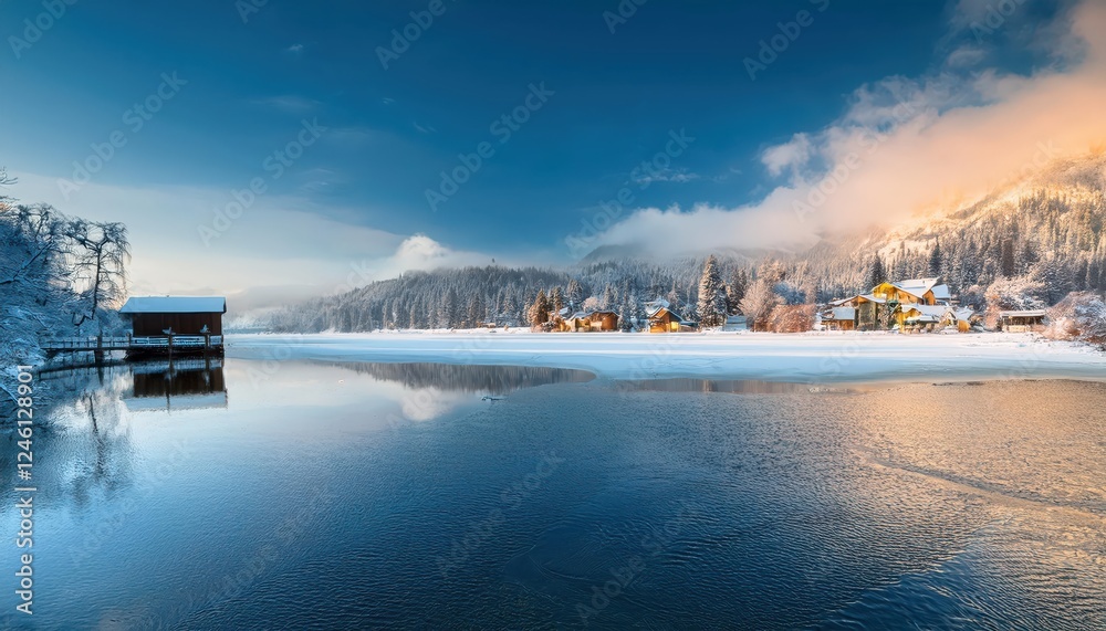 Majestic Winter Transformation Frozen Hometown Lake Shimmering under the Early Morning Sun, Capturing a Tranquil and Picturesque Scene. Majestic Winter Transformation Frozen Hometown Lake Shimmering under the Early Morning Sun, Capturing a Tranquil and Picturesque Scene.