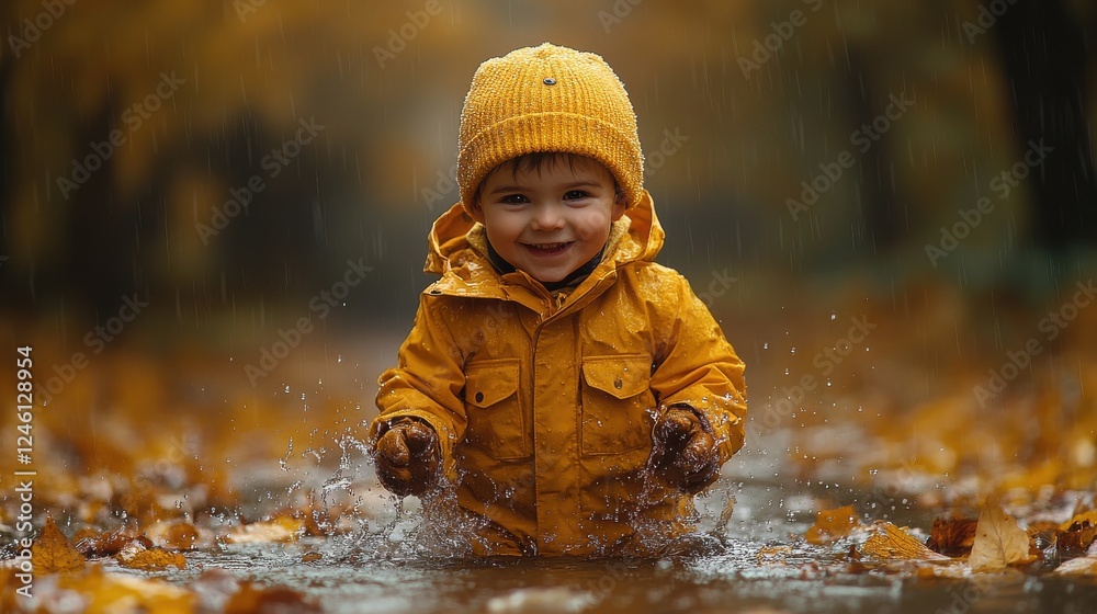 autumn concept cute little boy jumping in a puddle during a rain autumn concept cute little boy jumping in a puddle during a rain