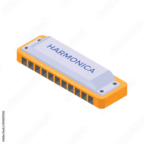 This vibrant isometric illustration showcases a harmonica icon