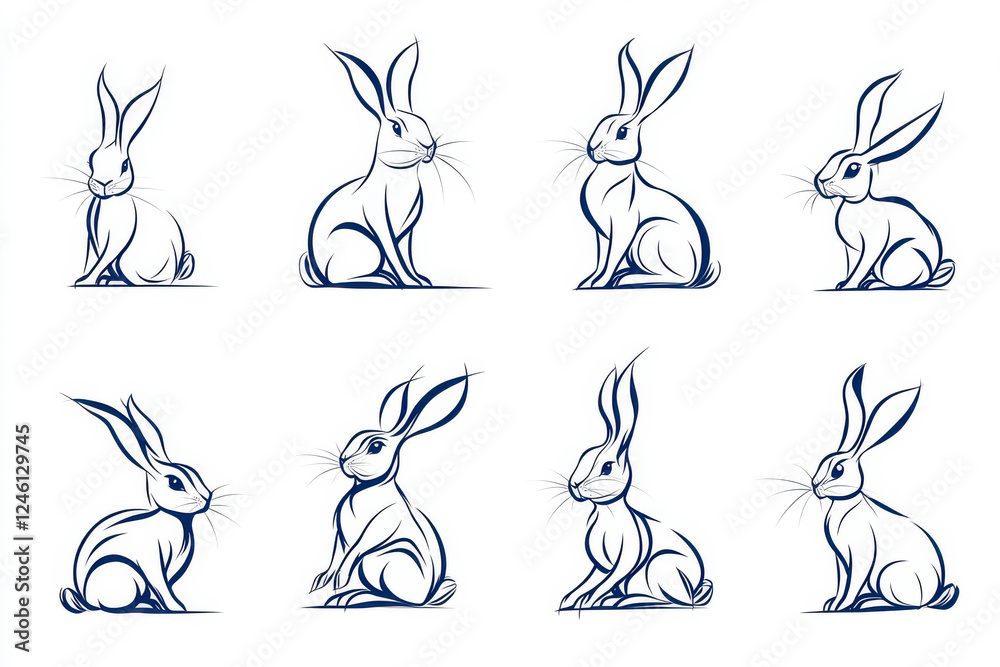 Fototapeta premium Stylized illustrations of rabbits in various poses, showcasing their grace and charm.