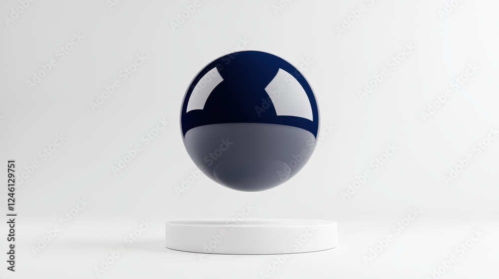 Dark Blue Glossy Sphere on White Circular Platform Dark Blue Glossy Sphere on White Circular Platform