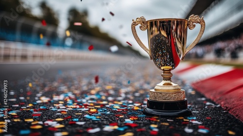 Celebration of victory at the racing track with a gleaming trophy surrounded by colorful confetti
