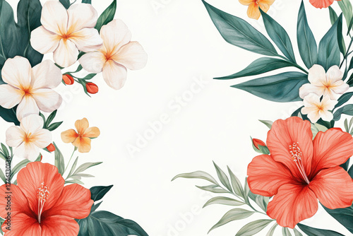 Vibrant tropical flowers and leaves creating a beautiful frame on a light background.