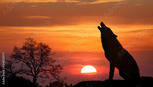 Majestic Wolf Howling Against the Crimson Backdrop of a Starlit Sunset in a Frosty Forest3 at photo