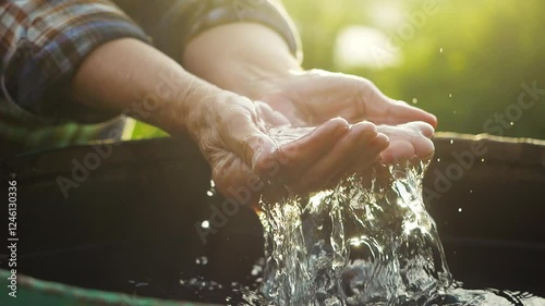 senior farmer hands close up. fresh drinking water pouring in hands, agriculture, drought impact on agriculture and environment. global water crisis, water scarcity. efficient use of water