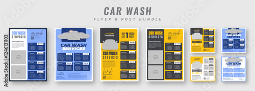 Car wash service flyer and price list template bundle. Professional auto detailing promotional posters, business advertising banners, and social media post templates for car cleaning services.