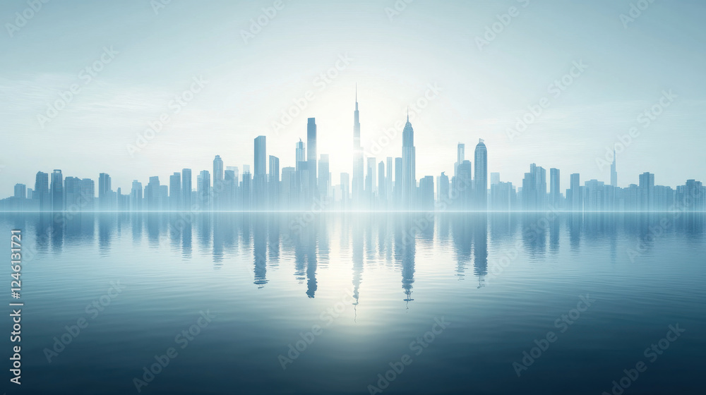 Obraz premium A beautifully designed urban skyline with high-rise skyscrapers elegantly mirrored on a smooth, reflective surface