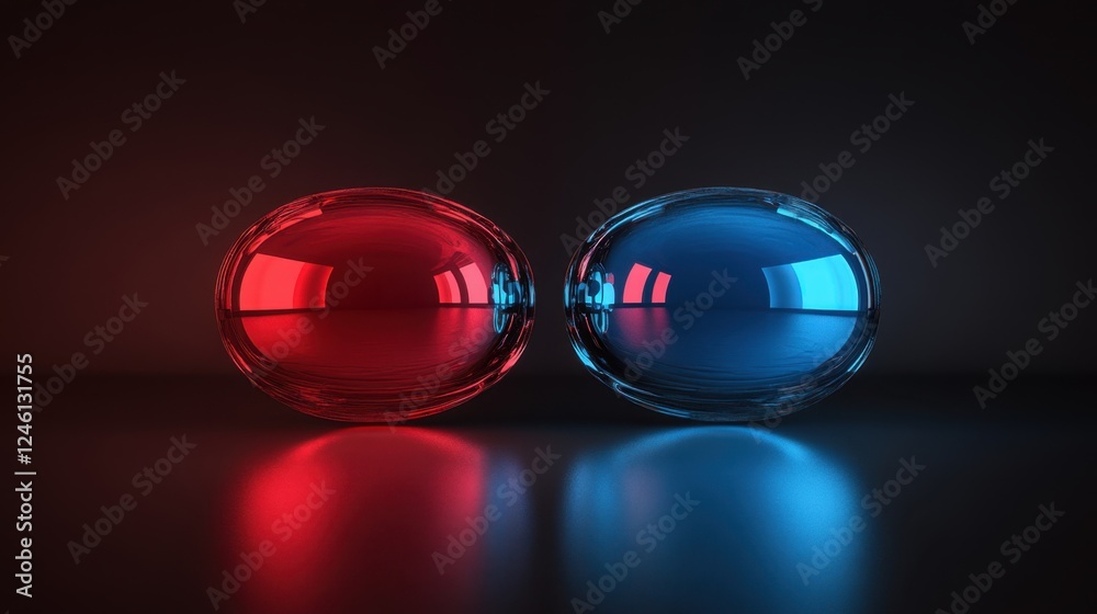 Bold contrast of red and blue spheres illuminated in a dimly lit setting radiating vibrant reflections and shadows Bold contrast of red and blue spheres illuminated in a dimly lit setting radiating vibrant reflections and shadows