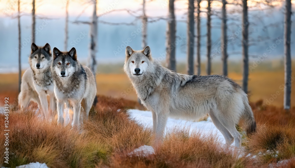 Fototapeta premium Majestic Wolves Roam through the FrostKissed Finnish Taiga Forest, Capturing the Winters Serene Beauty with Their Ghostly Presence.