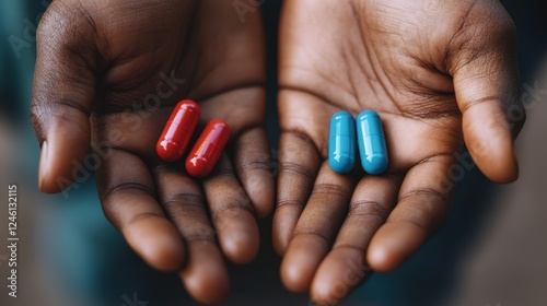 Choosing between the red and blue capsules in a moment of decision under soft lighting