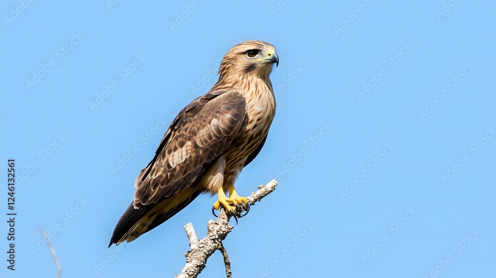 Powerful Hawk Perched on a Branch Against a Clear Blue Sky Powerful Hawk Perched on a Branch Against a Clear Blue Sky