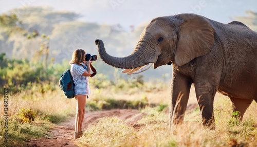 Enthralling Moment Photographer Captures Intimate Encounter between Woman and Majestic Elephant amidst Wild African Savannah, Articulating the Beauty of Natures Unpredictability photo