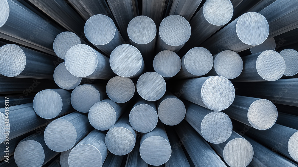 A close-up view of stacked cylindrical metal rods with a smooth, industrial finish, arranged in an abstract geometric pattern. A close-up view of stacked cylindrical metal rods with a smooth, industrial finish, arranged in an abstract geometric pattern.