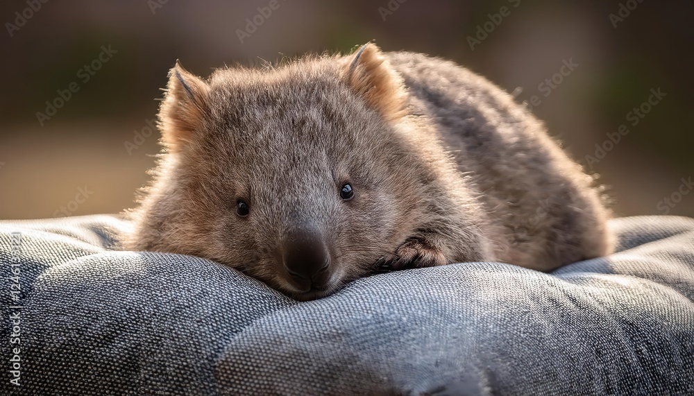 Endearing Wombat Joey Lounging on Plush Grey Cushion Amidst the Serene Environment of an Australian Wildlife Sanctuary Endearing Wombat Joey Lounging on Plush Grey Cushion Amidst the Serene Environment of an Australian Wildlife Sanctuary