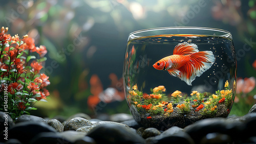 Fighting fish swimming in round glass aquarium with decorative plants and natural sunlight