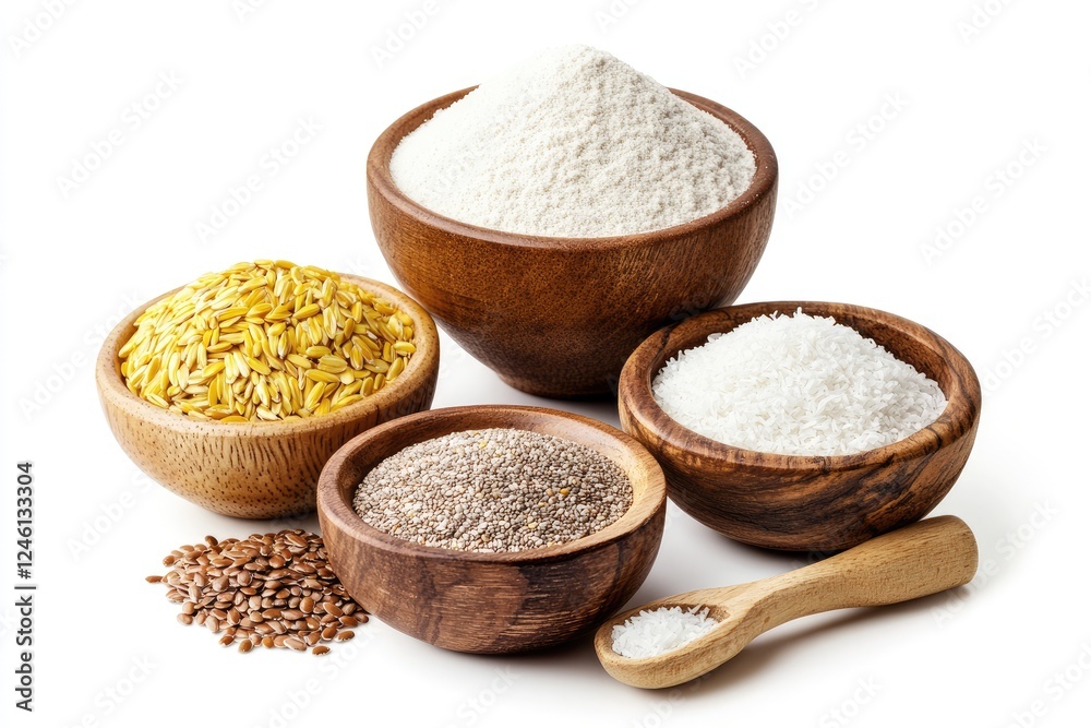 Wooden bowls contain various grains and flours for baking Wooden bowls contain various grains and flours for baking