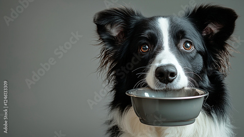Wallpaper Mural Border collie dog holds food bowl hungry playful pet animal looking at camera on gray background Torontodigital.ca