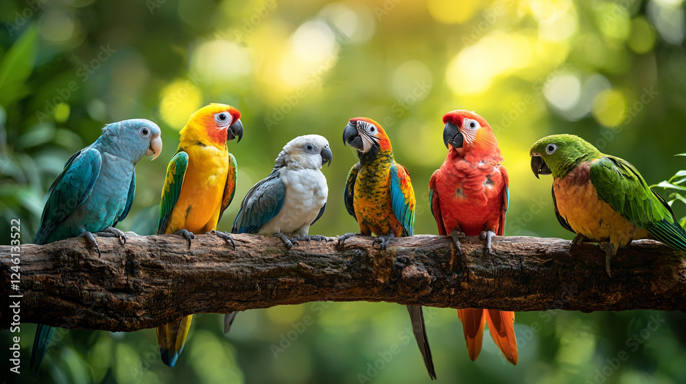 Obraz premium Colorful parrots perched on branch tropical exotic birds in nature wildlife sanctuary macaw forest environment