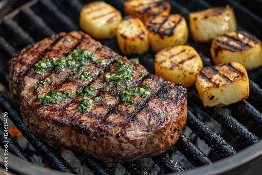 Grilled Steak and Potatoes on a Barbecue Grill Grilled Steak and Potatoes on a Barbecue Grill