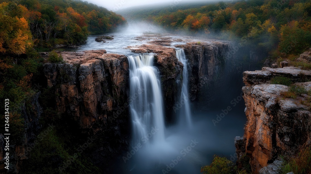 Fototapeta premium Autumn Waterfall Landscape, Misty Morning, Forest Scenery, Nature Photography