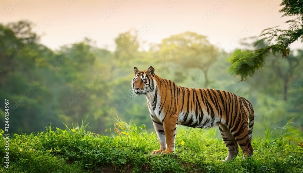 Naklejka premium Tiger Standing Majestically on a Green Forested Hilltop at Dusk A Captivating Wildlife Moment in the Heart of a Vibrant Forest