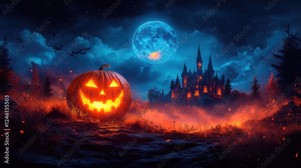 background with haunted castle and pumpkins full moon night background with haunted castle and pumpkins full moon night
