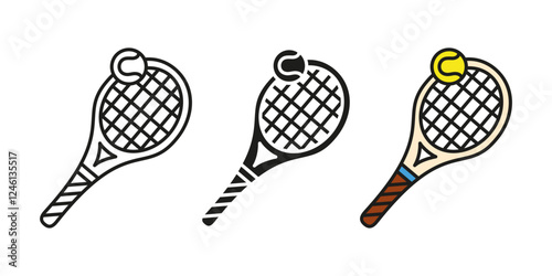 Tennis racket with ball icon. Professional tennis competition symbol. Tennis sport equipment vector illustration. Rocket with grid sign. Hobby and leisure concept. Sports game pictogram isolated.