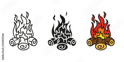 Bonfire icon. Campfire vector illustration. Fire flame symbol. Camping fireplace sign. Burning firewood. Blazing log pictogram. Camp fire heat and warmth. Fiery flames silhouette. Hiking concept.