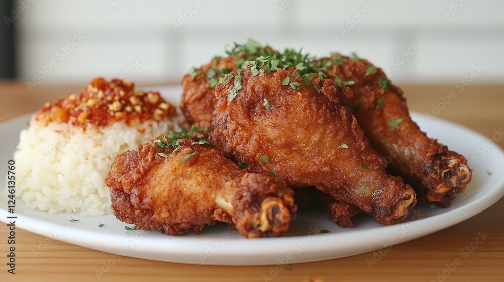 A plate of crispy fried chicken drumsticks served with a side of rice. A plate of crispy fried chicken drumsticks served with a side of rice.