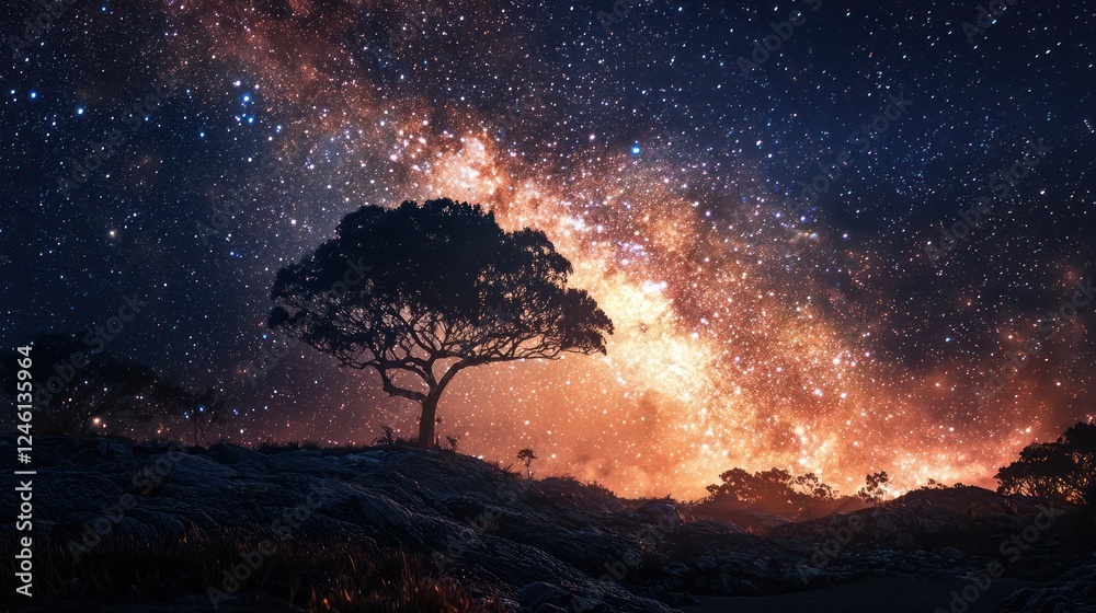Solitary Tree Underneath a Vibrant Starry Night Sky Solitary Tree Underneath a Vibrant Starry Night Sky