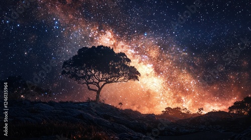 Solitary Tree Underneath a Vibrant Starry Night Sky