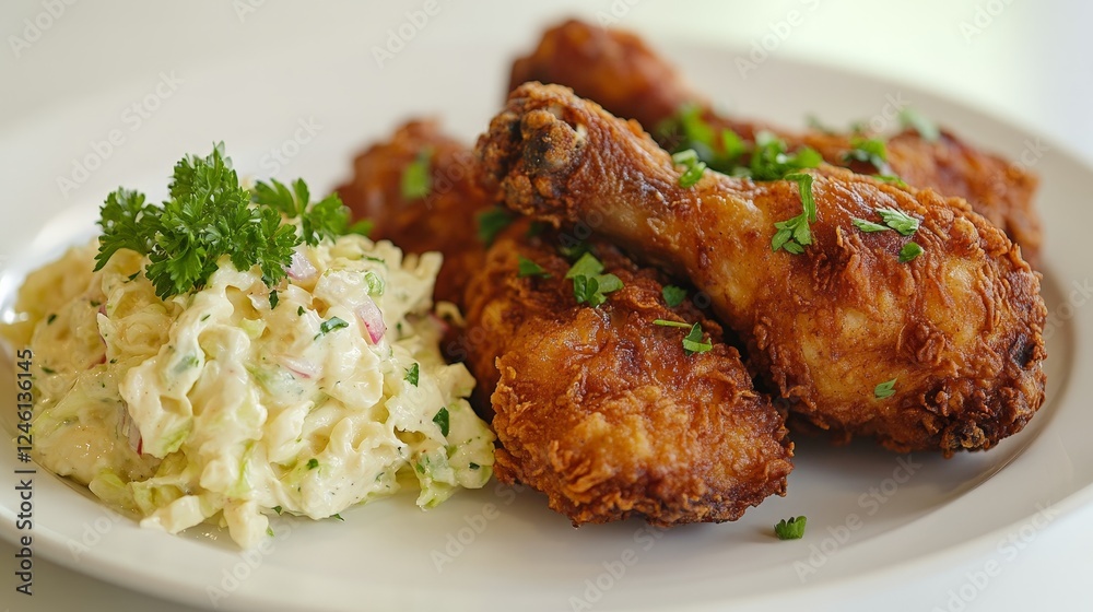 A plate of crispy fried chicken drumsticks served with creamy coleslaw. A plate of crispy fried chicken drumsticks served with creamy coleslaw.