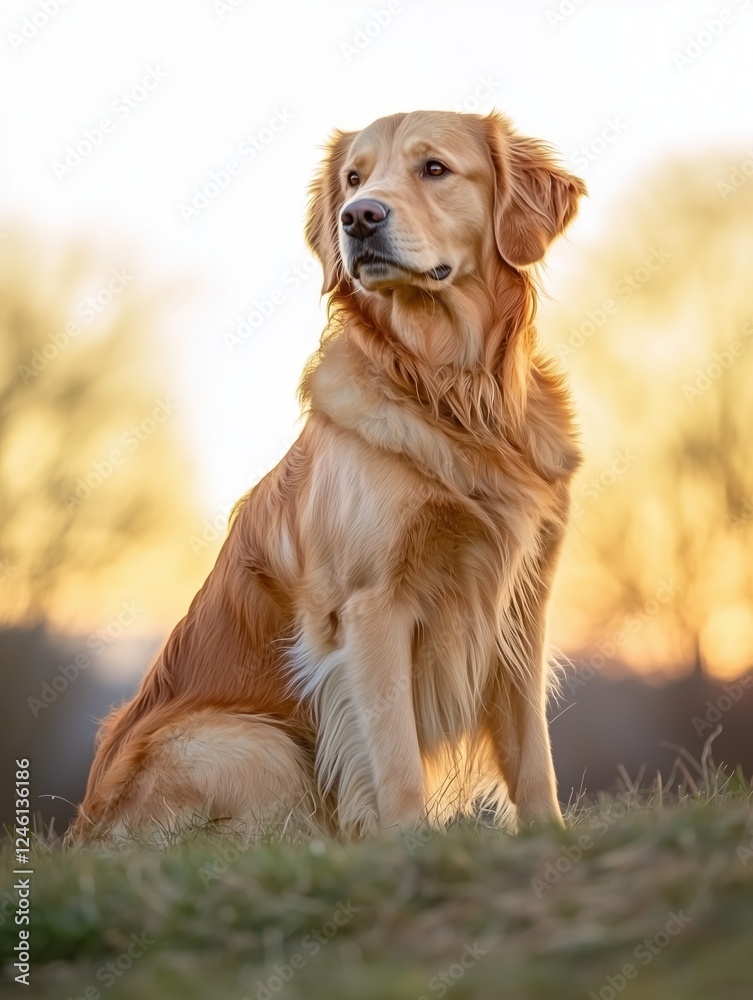 Majestic Golden Retriever Sitting on a Grassy Hill During Sunset
Majestic Golden Retriever Sitting on a Grassy Hill During Sunset