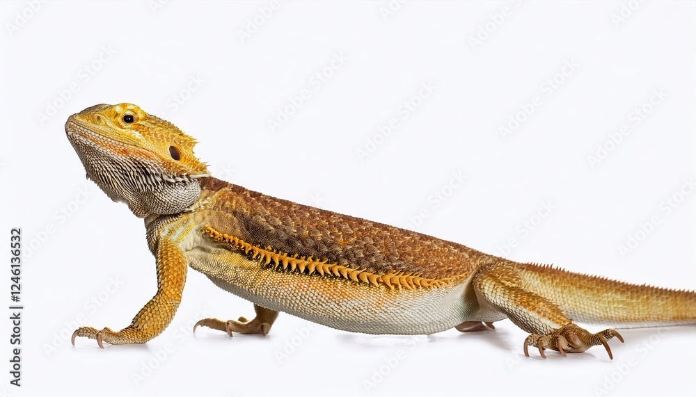 Fototapeta premium Yellow Bearded Dragon Standing Sideways Majestic Reptile Basking in Desert Sands with a Hint of Warmth and Mystery
