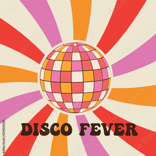 Retro 70S Colorful Disco ball on red, pink and orange vintage sunbursts with disco fever words. vector Illustration  For Retro Posters, parties and invitations