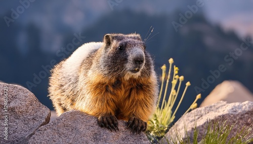 Wild and Playful Yellowbellied Marmot Frolics amidst the Ponderosa Pines of Great Basin National Park, capturing a Snapshot of Winters Majesty in Nevada photo