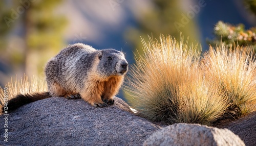 Yellowbellied Marmot Grazing in Great Basin National Park, Nevada, USA A Vivid Portrait of Natures Quiet Moments amidst a Backdrop of Pristine Wilderness and Rocky Landscape photo