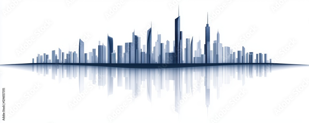 A sleek, modern skyline silhouette reflects on a calm surface, showcasing tall buildings in shades of blue against a white background. A sleek, modern skyline silhouette reflects on a calm surface, showcasing tall buildings in shades of blue against a white background.