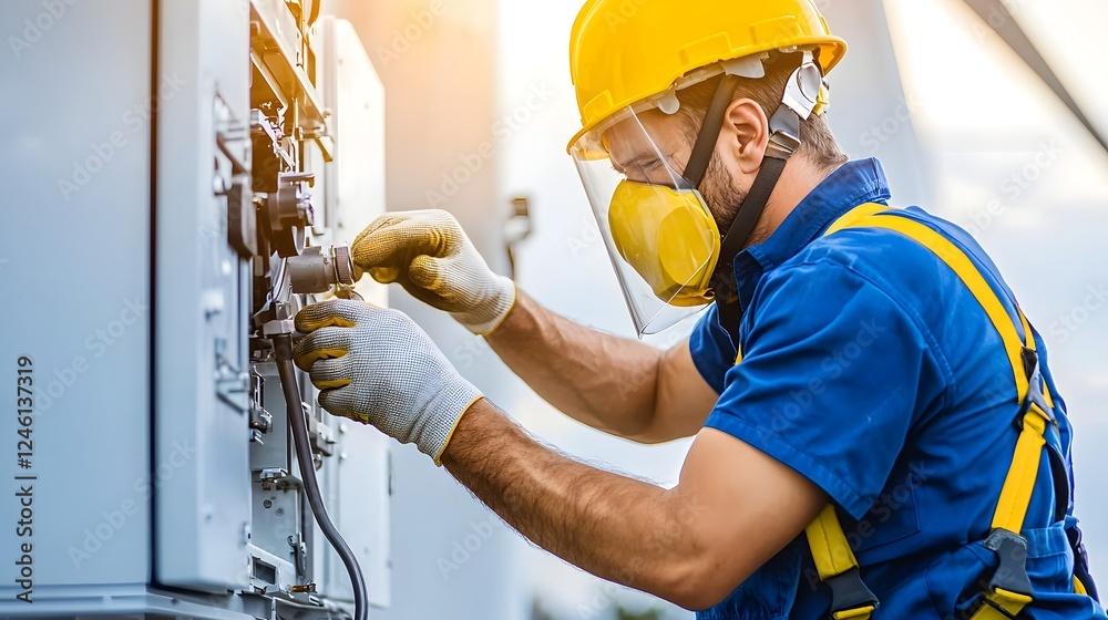 Close up medium shot of a wind turbine technician thoroughly checking the lubrication systems