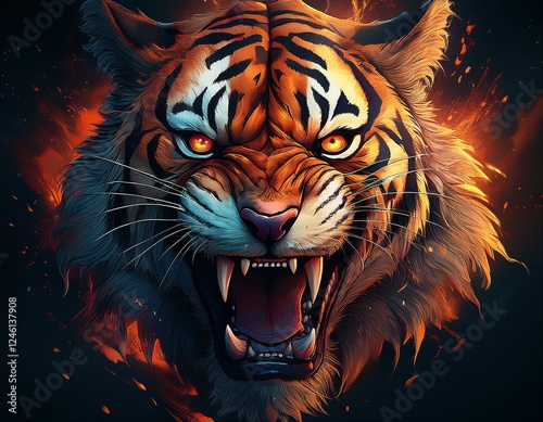 Generated image Angry tiger head background wallpaper with open mouth sharp fangs  photo