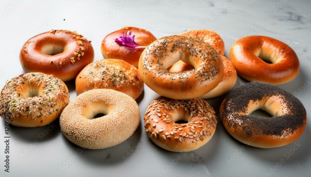 Generated image Assorted fresh bagels with toppings- sesame, poppy seed, onion, and plain varieties Generated image Assorted fresh bagels with toppings- sesame, poppy seed, onion, and plain varieties