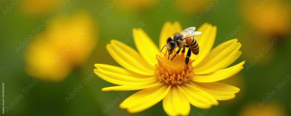 Tiny bee collecting nectar from bright yellow petals, flower, pollination, bees Tiny bee collecting nectar from bright yellow petals, flower, pollination, bees