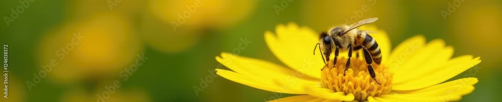 Tiny bee collecting nectar from bright yellow flowers, garden, pollination Tiny bee collecting nectar from bright yellow flowers, garden, pollination
