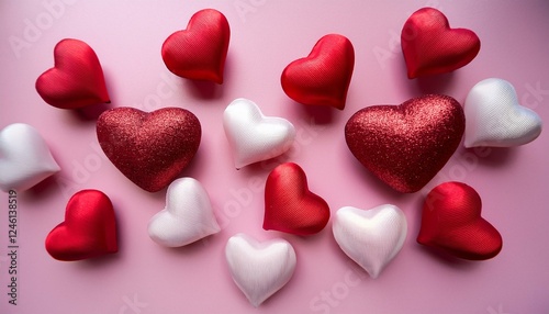 Generated image Assorted red, pink, and white hearts arranged elegantly on a soft pink gradient background