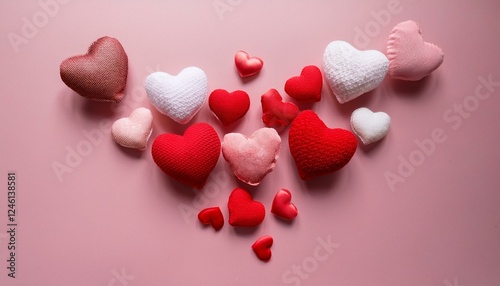 Generated image Assorted red, pink, and white hearts arranged elegantly on a soft pink gradient background